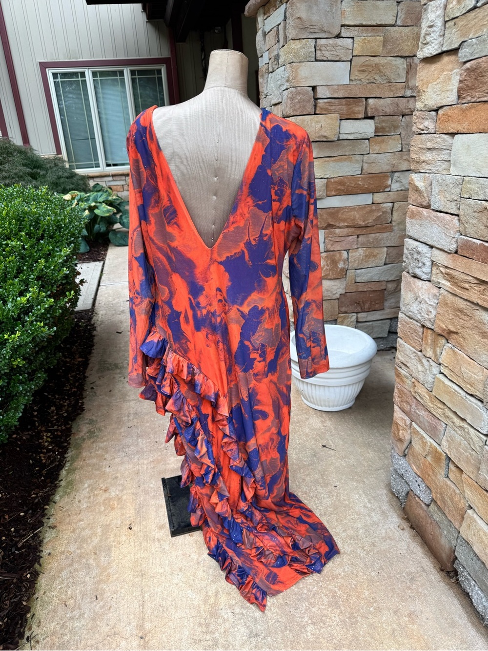 Floral Ruffle Asymmetrical Maxi Dress in Red and Navy - Picture 2 of 6